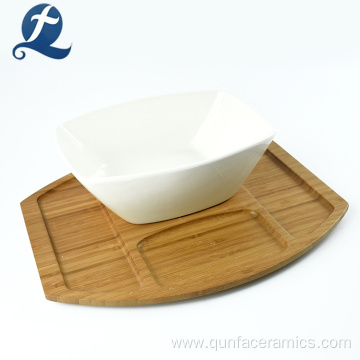 Bamboo Kitchenware White Ceramics Salad Bowl